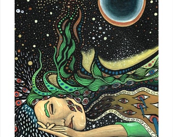 May include: A painting depicting a woman asleep with green hair and numerous eyes. The background is a dark blue night sky with stars and a crescent moon.