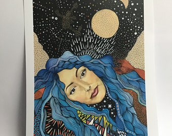 May include: An illustration of a woman with long, flowing hair, depicted in blue and white against a dark background with stars and moons. The woman's hair is drawn with intricate details and patterns.