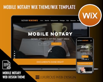 Op de afbeelding: Een website-mockup voor een mobiele notarisdienst. De website is ontworpen in een moderne stijl met een zwart en oranje kleurenschema. De website heeft een call-to-action-knop met de tekst "Aan de slag". De website heeft ook een sectie met de tekst "Documenten goed gedaan".