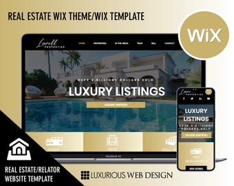Op de afbeelding: Een website-sjabloon voor makelaars en bedrijven. De sjabloon heeft een luxe ontwerp met de focus op het presenteren van luxe onroerend goed. De website is gebouwd op het Wix-platform en bevat een verscheidenheid aan functies, zoals een zoekfunctie voor onroerend goed, een blog en een contactformulier.