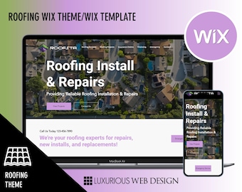 Op de afbeelding: Een website-mockup voor een dakbedekkingsbedrijf genaamd Roofsta. De website heeft een modern ontwerp met een grote luchtfoto van een wijk. De tekst op de website luidt "Dakbedekking Installeren & Reparaties" en "Levering van betrouwbare dakbedekking installatie en reparaties". De website bevat ook een call-to-action-knop met de tekst "Bel ons vandaag 123-456-7890".
