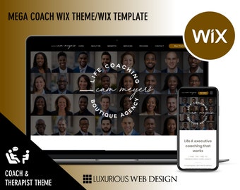 Op de afbeelding: Een laptop en smartphone tonen een website-ontwerp. De website toont een raster van headshots, de tekst "Life Coaching Boutique Agency" en de naam "cam meyers". Het ontwerp is voor een coach- en therapeuten thema, met het Wix-logo zichtbaar.