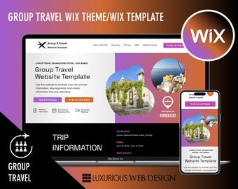 Op de afbeelding: Het scherm van een laptop toont een website-sjabloon voor groepsreizen. De website is ontworpen in een roze en paarse kleurschema met afbeeldingen van Griekenland. De tekst op het scherm luidt "Groepsreis-website-sjabloon" en "We gaan naar... GRIEKENLAND!"