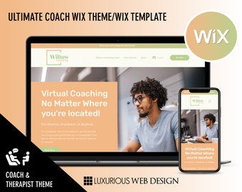 Op de afbeelding: Een website-mockup voor een coach of therapeut, met een laptop en een mobiele telefoon die dezelfde website weergeven. De website heeft een lichtoranje achtergrond met een groen-wit logo met de tekst "Willow Coaching". De tekst op de website luidt "Virtual Coaching No Matter Where You're Located!" en "For Anyone, Anywhere, at Anytime". De website heeft ook een knop met de tekst "Book Now". De website is ontworpen met een luxe webdesign.