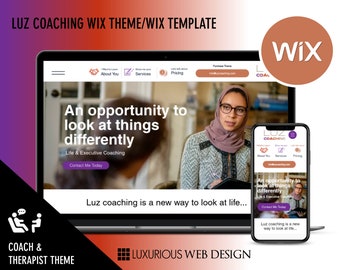 Op de afbeelding: Een website-mockup voor een life- en executive coaching service. De website toont een foto van een vrouw met een bril en een hoofddoek. De tekst op de website luidt "Een kans om dingen anders te bekijken" en "Luz coaching is een nieuwe manier om naar het leven te kijken..." De website is ontworpen in een moderne en minimalistische stijl.