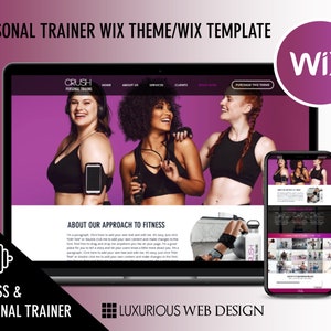 Puede incluir: Un portátil y un smartphone muestran un tema de sitio web para un entrenador personal. El sitio web presenta imágenes de mujeres sonrientes con ropa de fitness. El texto incluye "Personal Trainer Wix Theme/Wix Template" y "Fitness & Personal Trainer."