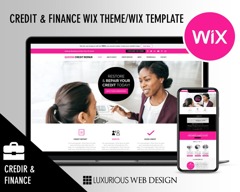 May include: A website design template for credit and finance businesses. The template features a black and pink color scheme with a photo of two people discussing a credit report. The text "Restore & Repair Your Credit Today!" is displayed in a black circle with a white outline. The website is designed for use with Wix.