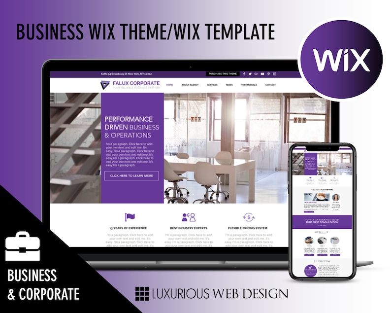 May include: A purple and white Wix website template for a business or corporate website. The website features a modern design with a focus on performance driven business and operations. The website also includes a call to action to learn more about the services offered.