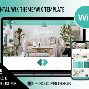 Op de afbeelding: Een laptop en een smartphone die een website voor verhuur en Airbnb-listings weergeven. De website heeft een modern ontwerp met een groen-wit kleurenschema. De tekst "Welcome Note From the Host" is zichtbaar op het laptopscherm. De website is ontworpen voor een luxe uitstraling.