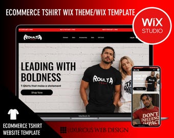 Op de afbeelding: Een website template voor een e-commerce t-shirt winkel, weergegeven op een laptop en smartphone. Het laptopscherm toont een website met de tekst "LEADING WITH BOLDNESS" en "ROULTA" op een zwart t-shirt. De smartphone toont de website.