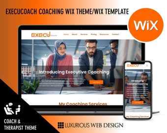 Op de afbeelding: Een laptop en een mobiele telefoon tonen een website voor executive coaching-diensten. De website is ontworpen met een moderne, schone esthetiek en bevat een call-to-action om meer te weten te komen over de aangeboden diensten. De website is gebrand met de naam "ExecU Coach" en bevat een navigatiebalk met links naar home, about, services, pricing, resources en contact.