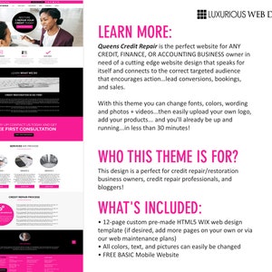 May include: A pink and black website design template for credit repair businesses. The template includes a 12-page custom pre-made HTML5 Wix web design template, free basic mobile website, and the ability to easily change colors, text, and pictures.