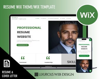 Op de afbeelding: Een laptopcomputer waarop een website-sjabloon voor een professionele cv wordt weergegeven. De website is ontworpen met een groen-wit kleurenschema en bevat een foto van een man met een baard. De tekst op de website luidt "Professionele cv-website" en "Maak een aangepaste cv-website zodat u opvalt tussen andere sollicitanten". De website bevat ook een downloadknop voor een cv-PDF. De laptop staat op een groene ondergrond. De tekst "RESUME WIX THEME/WIX TEMPLATE" wordt boven de laptop weergegeven. De tekst "RESUME & COVER LETTER" wordt onder de laptop weergegeven. De tekst "LUXURIOUS WEB DESIGN" wordt onder de laptop weergegeven. De tekst "Wix" wordt weergegeven in een groene cirkel in de rechterbovenhoek van de afbeelding.