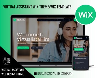 Op de afbeelding: Een website-mockup voor een virtuele assistentenservice genaamd Virtualista Hire. De website is ontworpen in een moderne, luxe stijl met een groen-wit kleurenschema. De website heeft een call-to-action-knop met de tekst "Gratis consult aanvragen".