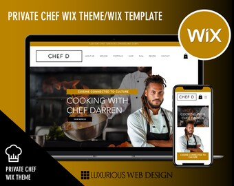 Op de afbeelding: Een website-mockup voor een privé-kokservice, met een laptop en een mobiele telefoon waarop de website wordt weergegeven. De website is ontworpen in een luxe stijl met een zwart-gouden kleurenschema. De website toont een foto van een kok in een witte koksjas, met de tekst "Cooking with Chef Darren" en "Cuisine Connected to Culture".