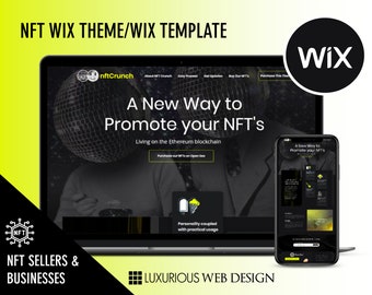 Op de afbeelding: Een laptop en een smartphone die een website weergeven met een zwart-witte discobal en de tekst "A New Way to Promote your NFT's". De website is voor een NFT-marktplaats genaamd "nftCrunch". De tekst "NFT SELLERS & BUSINESSES" staat onderaan de afbeelding.