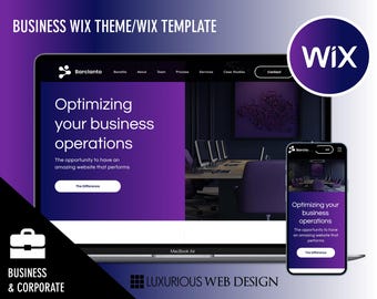 Op de afbeelding: Een laptopscherm dat een websiteontwerp voor een bedrijf genaamd "Barclanto" weergeeft. De website heeft een paars en zwart kleurenschema en de tekst "Optimalisatie van uw bedrijfsvoering". De website is ontworpen met behulp van het Wix-platform. De laptop staat op een bureau met een smartphone die hetzelfde websiteontwerp weergeeft.