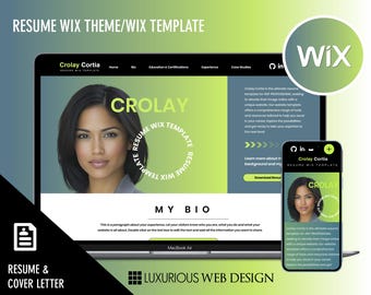 Op de afbeelding: Een website-mockup voor een cv-templateservice genaamd "Crolay Cortia". De website heeft een groen-wit kleurenschema met een foto van een vrouw en de tekst "Crolay Cortia" en "Mijn bio".