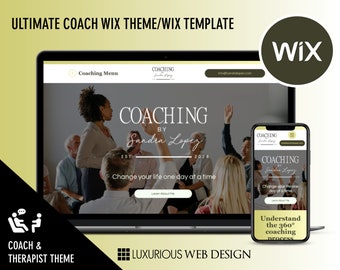 Op de afbeelding: Een laptop en smartphone tonen een website-ontwerp voor een coach, met de tekst "COACHING by Sandra Lopez." Het ontwerp bevat een coachingmenu, het jaar 2024 en de zin "Verander je leven één dag per keer." Het thema is voor coaches en therapeuten.