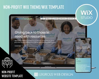 Op de afbeelding: Een laptop en smartphone tonen een non-profit website template. Het laptopscherm toont een website met de tekst "Giving back to those in need with resources." De smartphone toont een mobiele versie van de website. De afbeelding bevat de tekst "Non-Profit Wix Theme/Wix Template."