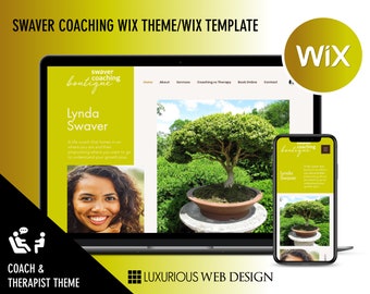 Op de afbeelding: Een website-mockup op een laptop en een mobiele telefoon die een website voor een life coach laat zien. De website is geel en bevat een foto van de coach, Lynda Swaver, en een bonsaiboom. De tekst op de website zegt "swaver coaching boutique" en "Lynda Swaver". De website heeft ook een menu met links naar "Home", "Over ons", "Diensten", "Coaching vs Therapie", "Boek online" en "Contact".
