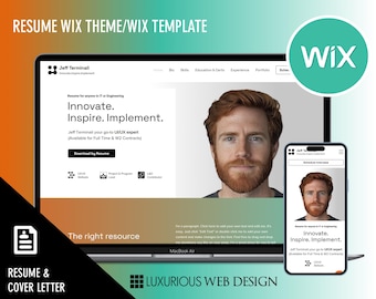 Op de afbeelding: Een screenshot van een Wix-website sjabloon voor een cv. Het sjabloon heeft een professioneel ontwerp met een modern kleurenschema in groen, blauw en wit. De website bevat een kop met de naam "Jeff Terminali" en de slogan "Innovate. Inspire. Implement." De website bevat ook een sectie voor vaardigheden, opleiding, ervaring en portfolio.