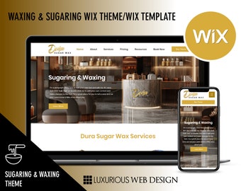 Op de afbeelding: Een laptop en een mobiele telefoon die een website voor een sugaring- en waxsalon weergeven. De website is ontworpen in een luxe stijl met gouden accenten en een marmeren achtergrond. De website heeft een logo met de tekst "Dura Sugar Wax" en een slogan die "Sugaring & Waxing" zegt. De website bevat ook een menu met links naar de startpagina, de over ons pagina, de dienstenpagina, de prijspagina, de bronnenpagina en de boekingspagina. De website is ontworpen om gebruiksvriendelijk en visueel aantrekkelijk te zijn.