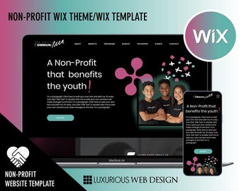 Op de afbeelding: Een website-sjabloon voor een non-profitorganisatie, met een zwarte achtergrond en roze en witte accenten. De website is ontworpen voor een jeugdgerichte organisatie en bevat een call-to-action om meer te weten te komen over de organisatie. De website is gebouwd op het Wix-platform.