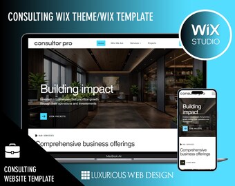 Op de afbeelding: Een laptop en smartphone tonen een website-ontwerp. Het laptopscherm toont een website met de tekst "Building impact" en "Comprehensive business offerings". De smartphone toont dezelfde website. De tekst "CONSULTING WIX THEME/WIX TEMPLATE" is inbegrepen.