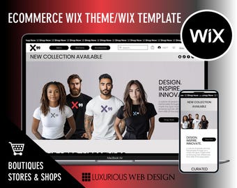 Op de afbeelding: E-commerce Wix thema/Wix sjabloon met een laptop en smartphone die een website weergeven. De website toont een nieuwe collectie met modellen in t-shirts. Het Wix logo staat in een zwarte cirkel.