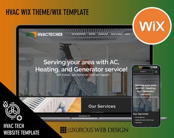 Op de afbeelding: Een website-sjabloon voor HVAC-bedrijven die Wix gebruiken. De sjabloon heeft een groen-wit logo met de tekst "HVACTECHER" en een foto van een technicus die aan een airconditioningsysteem werkt. De website bevat ook een sectie voor diensten, contactgegevens en een call-to-action.