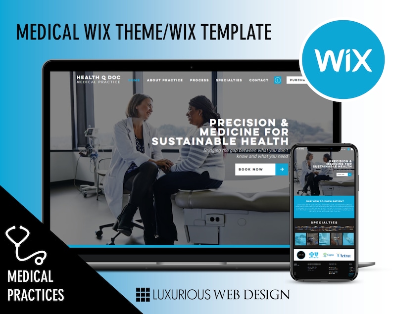 May include: A laptop and smartphone display a website design for medical practices. The website features a blue and white color scheme with the text "Precision & Medicine for Sustainable Health." The Wix logo is visible, along with the text "Medical Wix Theme/Wix Template."