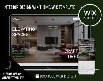 Op de afbeelding: Een laptop en smartphone tonen een website template voor interieurontwerp. Het laptopscherm toont een modern woonkamerontwerp met de tekst "Elevating Spaces". De smartphone toont hetzelfde ontwerp. De afbeelding bevat de tekst "Interior Design Wix Theme/Wix Template."