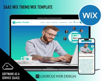 Op de afbeelding: Een laptop en smartphone tonen een website-ontwerp met het Wix-logo. De afbeelding bevat de tekst "SAAS WIX THEME/WIX TEMPLATE", "SOFTWARE AS A SERVICE (SAAS)" en "LUXURIOUS WEB DESIGN". Een man werkt op de laptop.