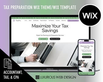Op de afbeelding: Een website-mockup voor een belastingvoorbereidingsdienst genaamd TaxaPro. De website heeft een strak, modern ontwerp met een witte achtergrond en een paars-groen kleurenschema. De kop van de website is "Maximaliseer uw belastingbesparingen" en de tekst onder de kop luidt "Expert belastingplanning en voorbereidingsservices". De website bevat ook een call-to-action-knop met de tekst "Aan de slag".
