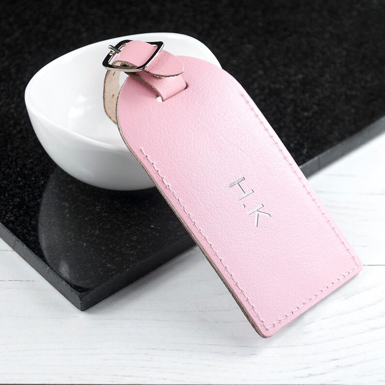 pink leather luggage tag