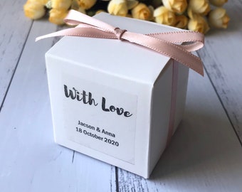 100pcs White Wedding Favor Box with Personalised Stickers & Rose Gold Ribbon | Cookie Chocolate Macaroon Sweets Box Thank You Gift Box