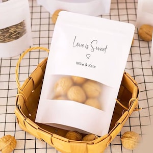 200 Borsa per finestra richiudibile personalizzata in carta bianca o Kraft / Borsa per bomboniere di compleanno per matrimoni / Borsa per imballaggio da forno Bomboniere per biscotti con lecca lecca di semi