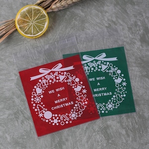 100 Stück Rot Grün Weihnachtskranz OPP Keksbeutel • Party Favor Bags Geschenktüte • Süßigkeiten Bar Buffet Cafe Event Weihnachtsdekoration Lolly Bag