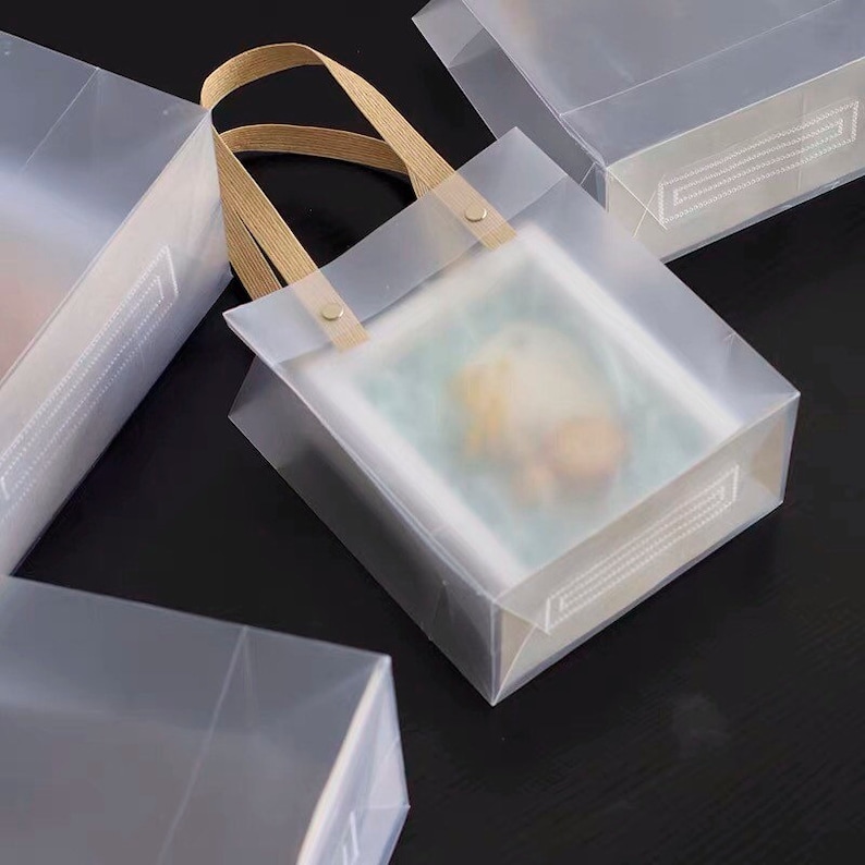 K&ouml;nnte beinhalten: Vier transparente Plastikt&uuml;ten mit braunen Henkeln. Zwei der T&uuml;ten liegen flach, zwei stehen aufrecht. Die T&uuml;ten sind durchsichtig und haben eine dezente, matte Oberfl&auml;che. Die T&uuml;ten eignen sich perfekt zum Verpacken von kleinen Geschenken oder Mitbringseln.