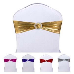 Gold Metallic Spandex Chair Bands with Buckle Wedding Chair Ribbon Anniversary Birthday Party Decorations Silver Pink Blue Green Chair Bands