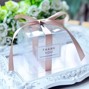 100x Matte or Clear PVC Wedding Favor Boxes with Stickers & Ribbon | Cookie Chocolate Macaroon Sweets Boxes Baby Shower Thank You Gift Boxes