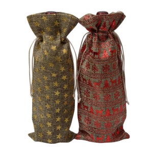 100 Sacchetti regalo natalizi in tessuto di iuta • Sacchetti regalo per vino • Sacchetti per vino • Sacchetti regalo per feste di Natale • Sacchetti per bomboniere natalizie con stella dorata e renna rossa