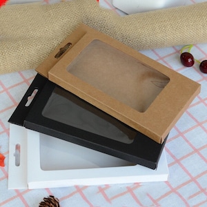 Scatola di imballaggio per display del prodotto con finestra trasparente 100x / scatola di carta Kraft nera bianca con foro appendiabiti / custodia per telefono Maschera facciale confezione piatta del prodotto