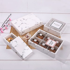100x caixa de lembrancinhas de mármore para apresentação de presente de casamento com tampa e divisórias de células | Caixas de embalagem de produtos cosméticos para biscoitos de chocolate e velas de sabão