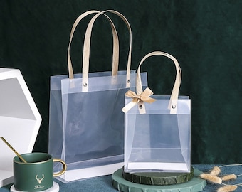 100x Frosty Matte Semi-clear PVC Plastic Wedding Favor Bag with Handle | Bridal Shower Birthday Party Gift Bag | Cosmetics Product Packaging