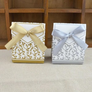 100x Gold Silver Favor Bags Boxes with Ribbon • Wedding Birthday Anniversary Party Gift Boxes • Candy Chocolate Macaroon Cookie Sweets Box