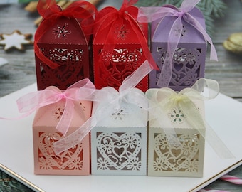 100pcs Lace Love Heart Wedding Favour Box | Purple Pink Burgundy Ivory Red Gold Wedding Gift Box | Candy Chocolate Macaron Cookie Sweets Box