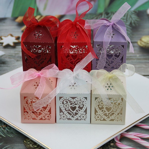 100pcs Lace Love Heart Wedding Favour Box | Purple Pink Burgundy Ivory Red Gold Wedding Gift Box | Candy Chocolate Macaron Cookie Sweets Box