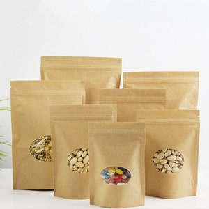 200pcs Kraft Paper Zipper Bags With Window Food Packing Bag Wedding Party Favors Favor Bag Wedding Party Gift Bags Cookie Nuts Seed Bag